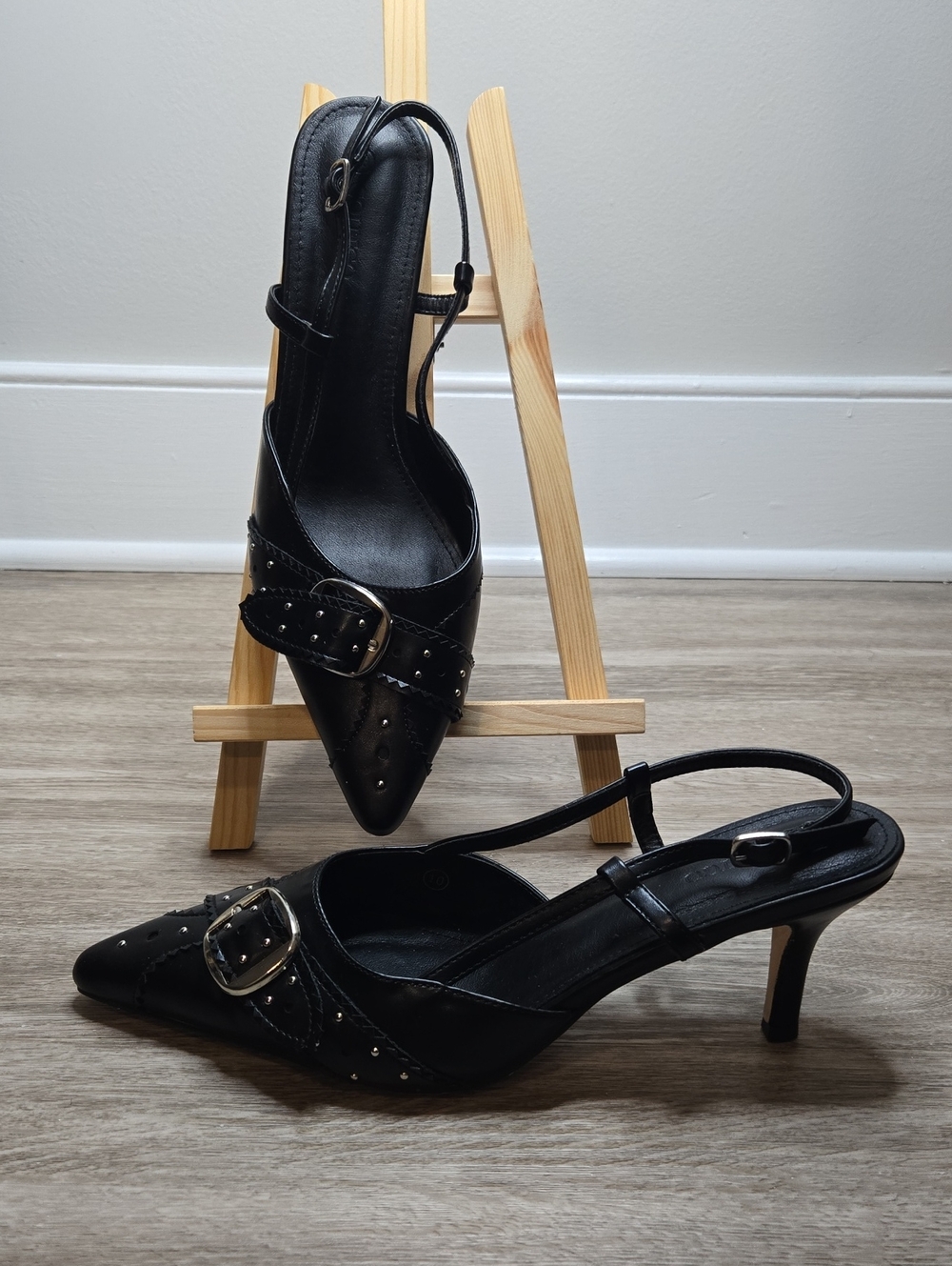 Black Pointed Slingback Heels with Studded Buckle Detail
